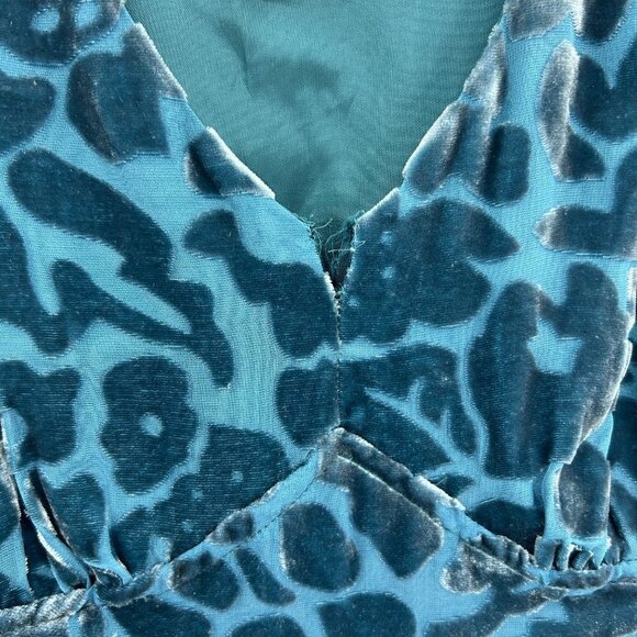 ANTHROPOLOGIE Moulinette Soeurs *FLAWED* Teal Blue Patterned Velvet Silk Dress 4 - Picture 10 of 10